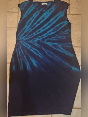 Calvin Klein Navy and Teal Tie-Dye Midi Dress